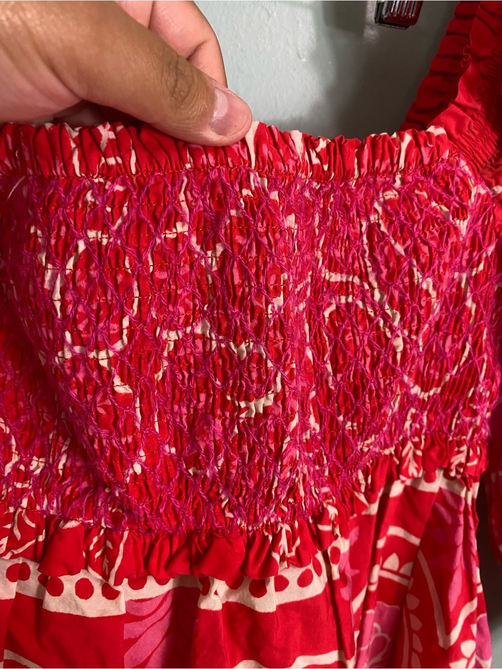 Farm Rio Summer Sunrise Mini Dress Red Pink Smocked Floral Small - Picture 6 of 11